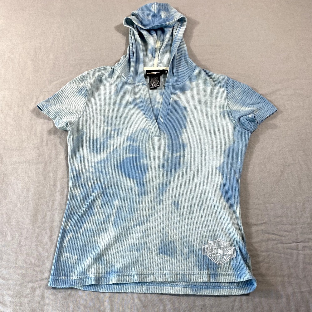 Harley Davidson Thermal Hoodie Shirt Womens Medium Tie Dye V-Neck Waffleknit Y2K